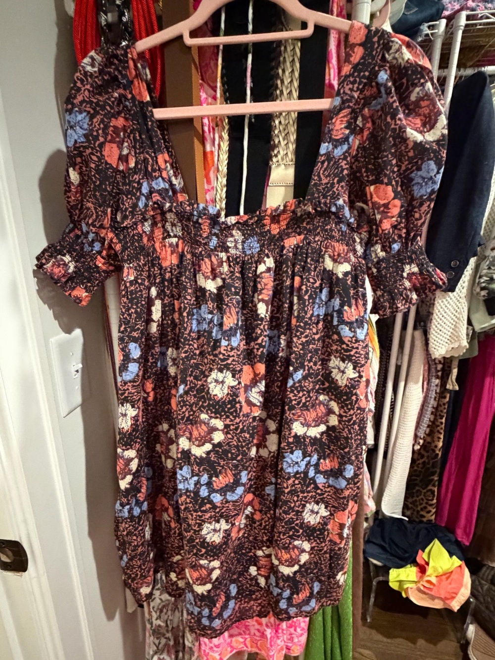Cleobella Mini Dress in Brown with Blue & Coral Floral Print